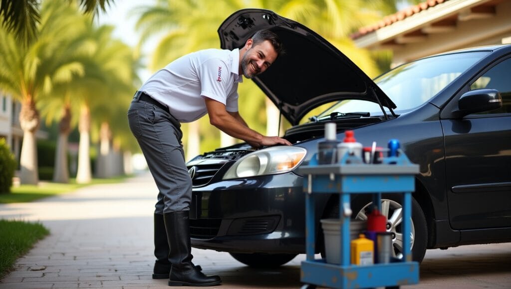 A friendly mobile mechanic changing transmission fluid in a car parked in a sunny Hialeah driveway, with palm trees, a tool cart, and a relaxed suburban setting in the background.